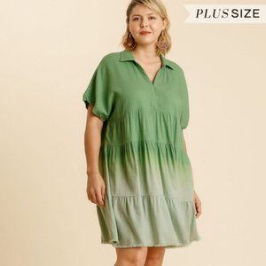 Umgee Plus Sage Dip Dye Collar Tiered Dress